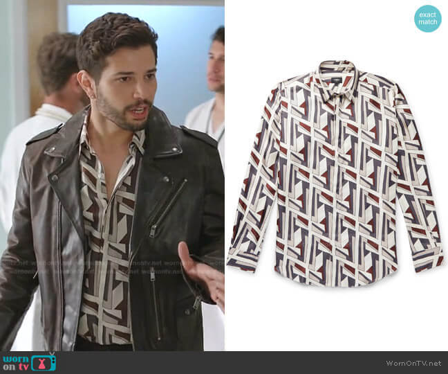 Logo-Print Silk-Twill Shirt by Fendi worn by Sam Flores (Rafael de la Fuente) on Dynasty