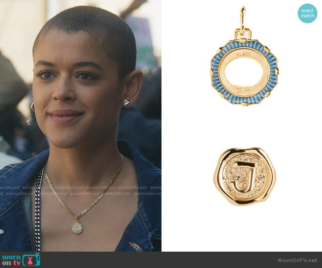 J Letter Coin and Yasmeen Ocean Charm by Maria Black worn by Julien Calloway (Jordan Alexander) on Gossip Girl