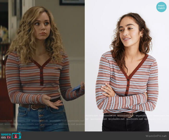 Fine Ribbed Henley Tee in Stripe by Madewell worn by Courtney Whitemore (Brec Bassinger) on Stargirl