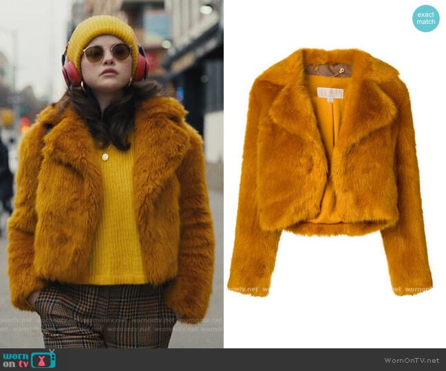 Cropped Faux Fur Jacket by Michael Michael Kors worn by Mabel Mora (Selena Gomez) on Only Murders in the Building