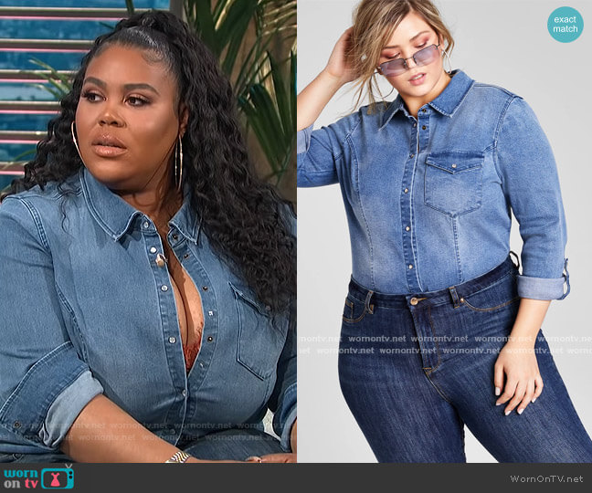 Trendy Plus Size Denim Shirt Bodysuit by Nina Parker worn by Nina Parker on E! News