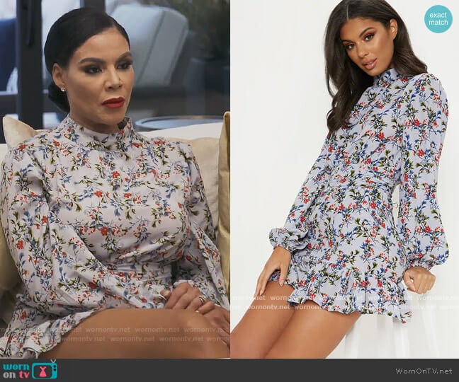 Dusty Blue Floral High Neck Shift Dress by Pretty Little Thing worn by Mia Thornton on The Real Housewives of Potomac