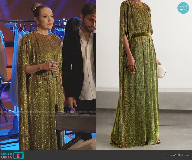 Cape-Effect Velvet-Trimmed Sequined Chiffon Gown by Reem Acra worn by Fallon Carrington (Elizabeth Gillies) on Dynasty