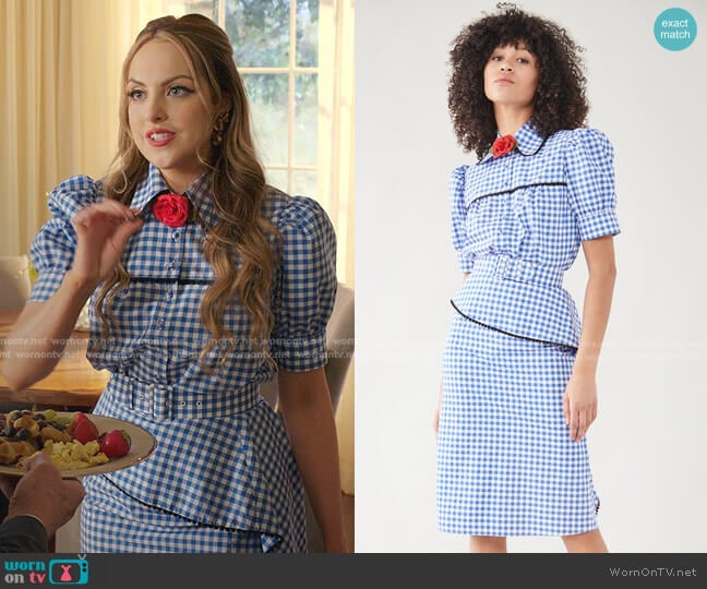 Gingham Puff Sleeve Blouse with Lace Trim and Skirt by Rodarte worn by Fallon Carrington (Elizabeth Gillies) on Dynasty