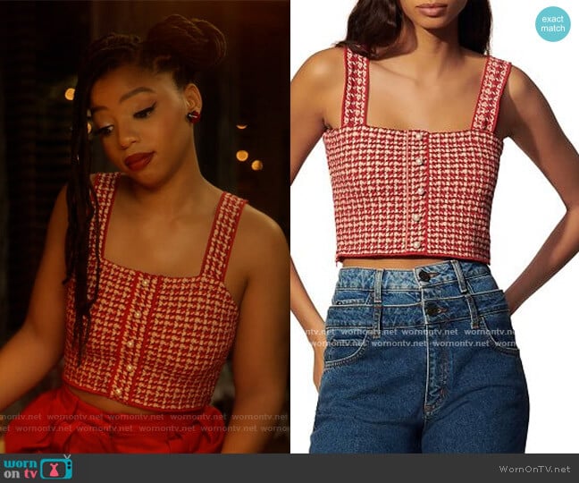 Daniella Tweed Crop Top by Sandro worn by Jazlyn Forster (Chloe Bailey) on Grown-ish