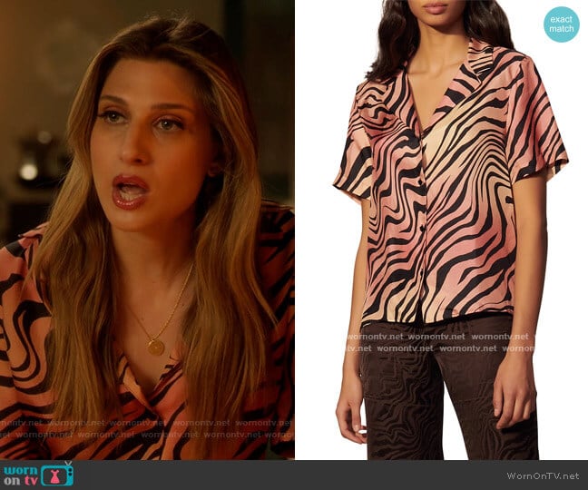 Ines Zebra-Print Short-Sleeve Silk Shirt by Sandro worn by Jazlyn Forster (Chloe Bailey) on Grown-ish