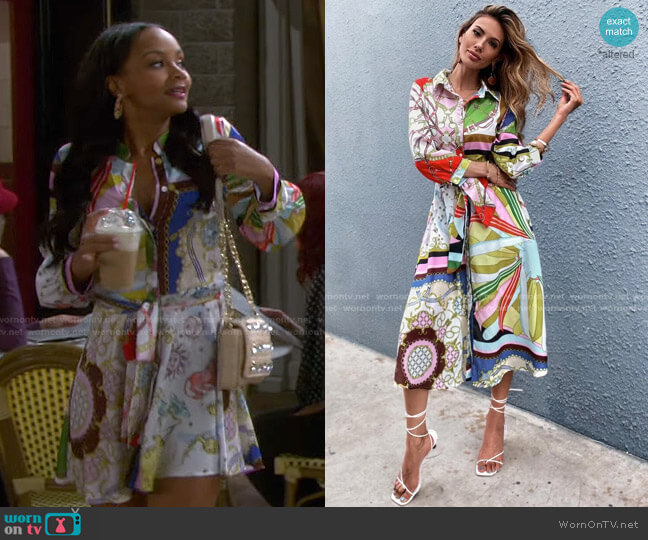 Chain And Scarf Print Belted Shirt Dress by Shein worn by Chanel Dupree (Raven Bowens) on Days of our Lives