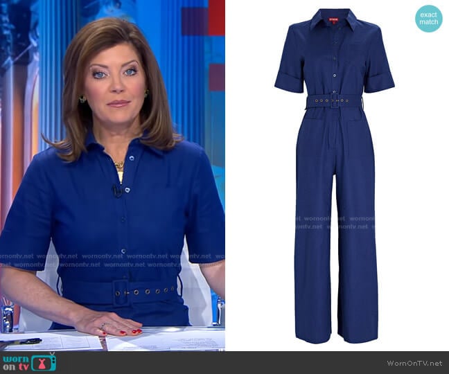 Zavey Belted Linen-Blend Jumpsuit by Staud worn by Norah O'Donnell on CBS Evening News