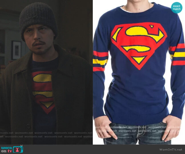 Superman Logo DC Comics Pullover by Bioworld worn by Jughead Jones (Cole Sprouse) on Riverdale