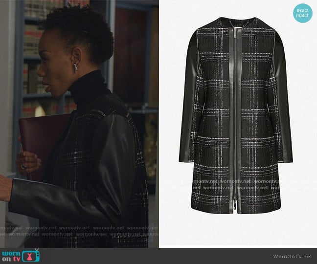 Faux-leather-trimmed checked woven jacket by Ted Baker worn by Charmaine Bingwa on The Good Fight worn by Carmen Moyo (Charmaine Bingwa) on The Good Fight