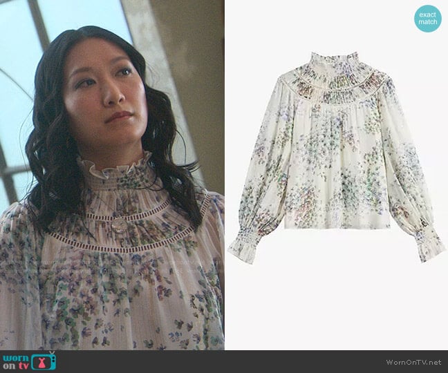 Floral Print Gathered Neck Top by Ted Baker worn by Sumi (Kara Wang) on Good Trouble