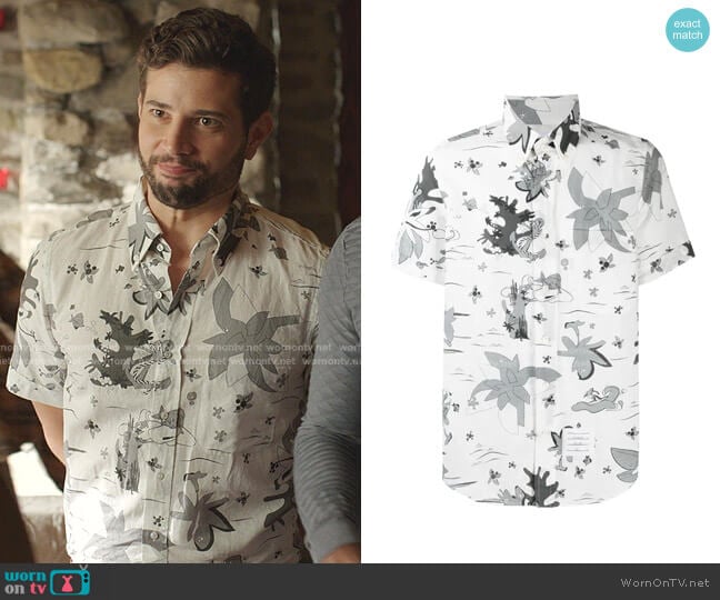 Short Sleeve Hawaiian Shirt by Thom Browne worn by Sam Flores (Rafael de la Fuente) on Dynasty