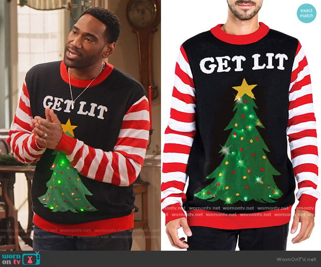 Light up Christmas Sweater by Tipsy Elves worn by Moz McKellan (Anthony Alabi) on Family Reunion