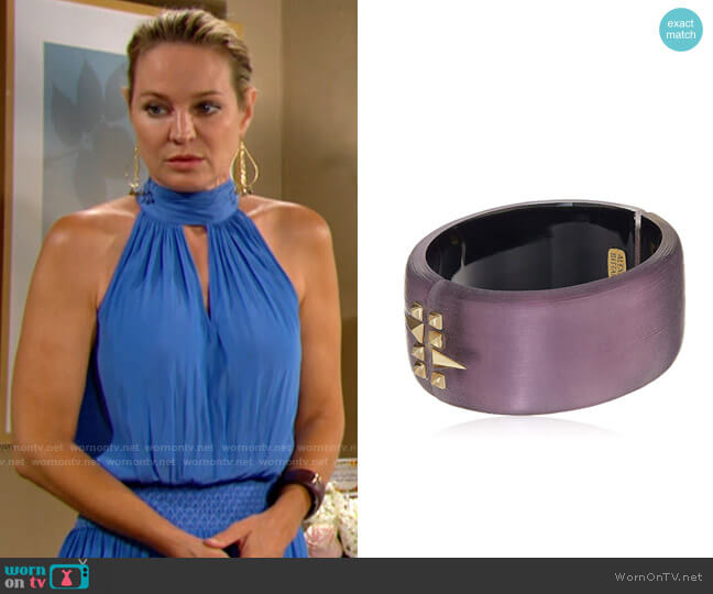 Alexis Bittar Wide Golden Studded Hinge Deep Lilac Bangle Bracelet worn by Sharon Newman (Sharon Case) on The Young and the Restless
