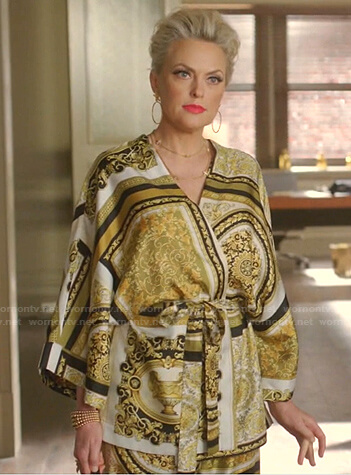 Alexis’s yellow printed wrap top and pants on Dynasty