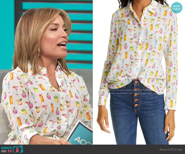 Willa Cocktails Print Silk Blouse by Alice + Olivia worn by Kit Hoover on Access Hollywood