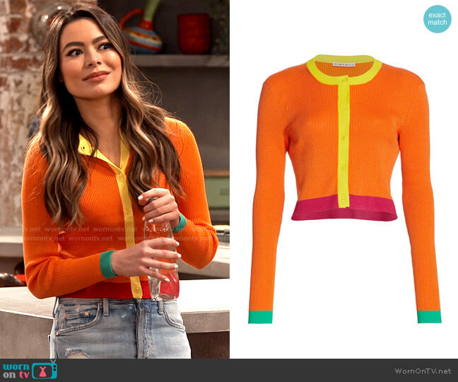 Alice + Olivia Rhoda Crop Colorblock Cardigan worn by Carly Shay (Miranda Cosgrove) on iCarly