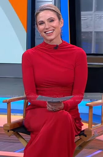 Amy’s red ruched long sleeve top and skirt on Good Morning America