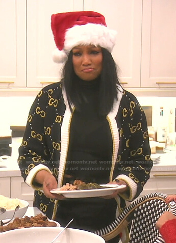Garcelle's black and gold GG print cardigan on The Real Housewives of Beverly Hills