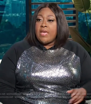 Loni Love’s black sequin front hoodie on E! News Daily Pop