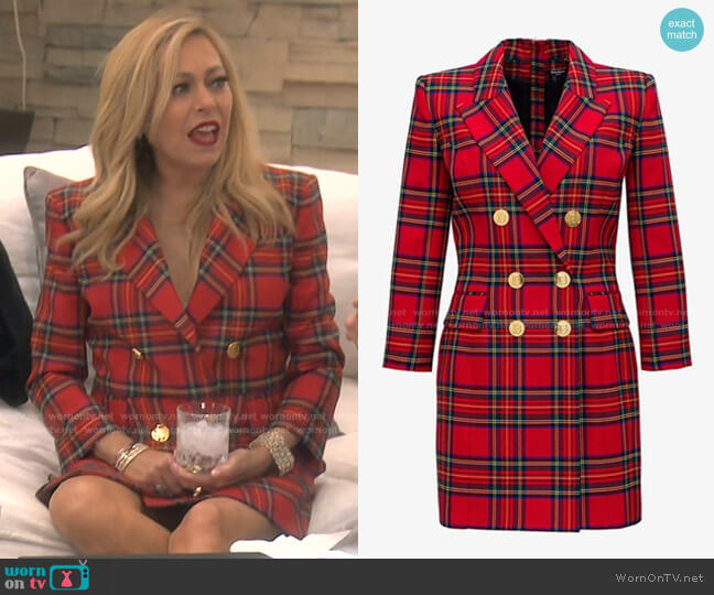 Double-Breasted Wool-Blend Tartan Mini Dress by Balmain worn by Sutton Stracke on The Real Housewives of Beverly Hills