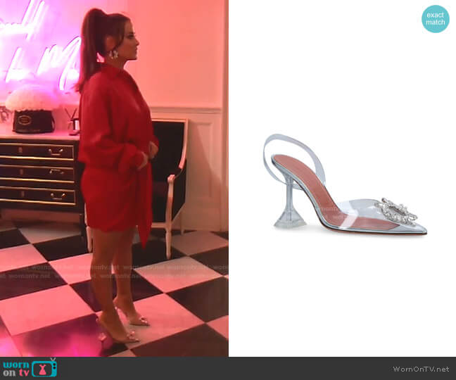 Begum Glass Slingback Pumps by Amina Muaddi worn by Kyle Richards on The Real Housewives of Beverly Hills