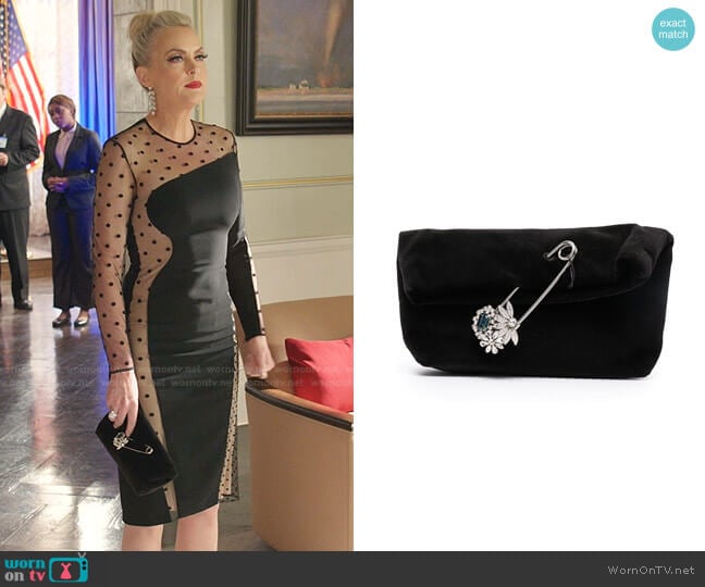 Safety Pin-Embellished Velvet Clutch by Burberry worn by Alexis Carrington (Elaine Hendrix) on Dynasty