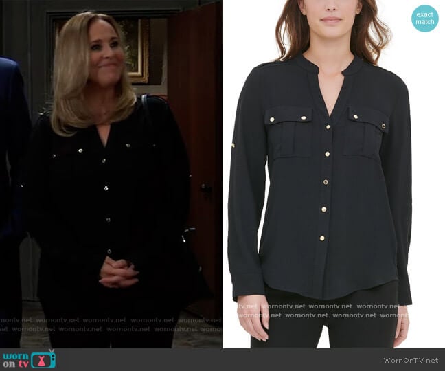 Textured Roll-Tab Blouse by Calvin Klein worn by Laura Collins (Genie Francis) on General Hospital