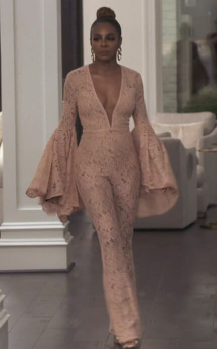 Candiace's pink floral lace jumpsuit on The Real Housewives of Potomac