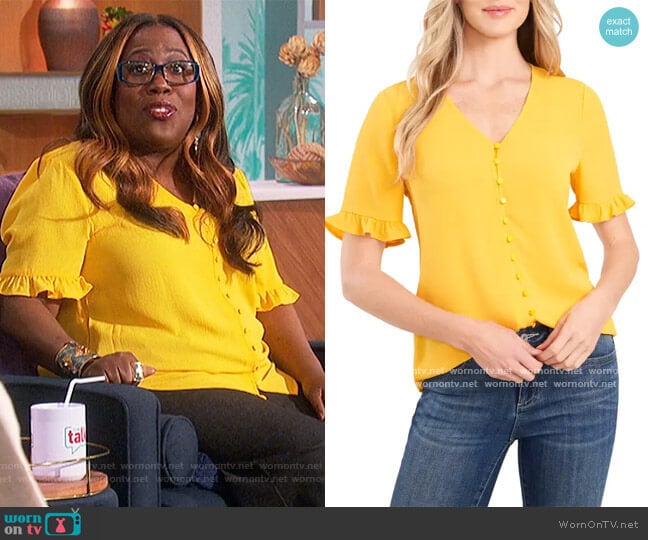 Ruffle Sleeve Crepe Blouse by Cece worn by Sheryl Underwood on The Talk