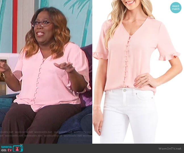 Ruffle Sleeve Crepe Blouse by Cece worn by Sheryl Underwood on The Talk