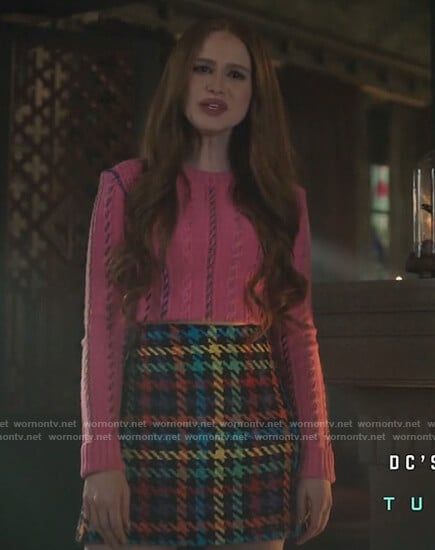 Cheryl's pink contrast cable knit sweater on Riverdale