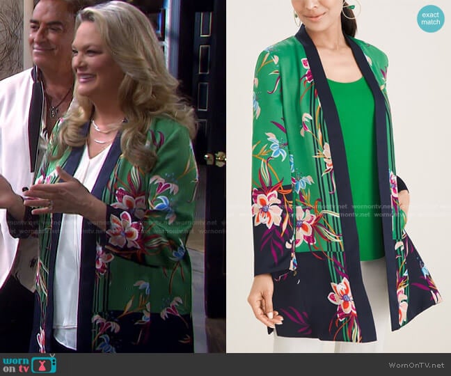 Reversible Floral To Solid Open-Front Jacket by Chicos worn by Anna DiMera (Leann Hunley) on Days of our Lives