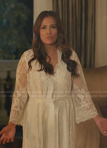 Cristal’s white scalloped lace robe and slip dress on Dynasty