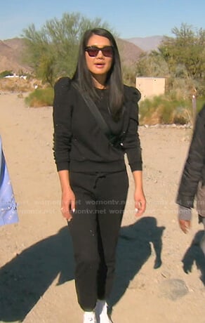 Crystal's black embellished puff sleeve sweatshirt on The Real Housewives of Beverly Hills