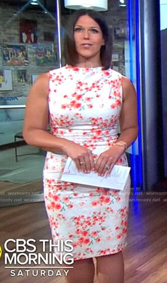 Dana Jacobson’s rose print sleeveless dress on CBS This Morning