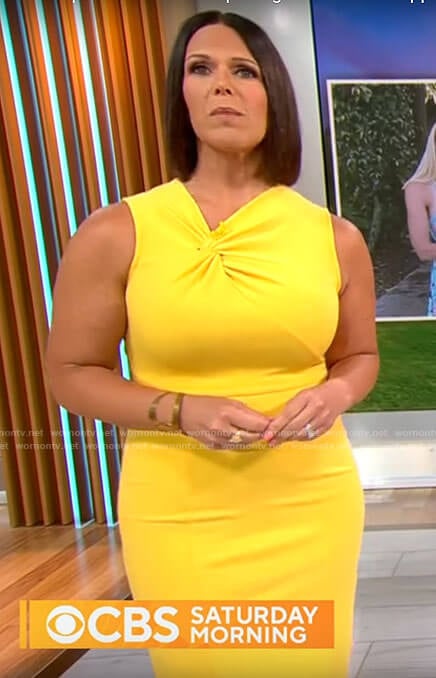 Dana Jacobson’s yellow knotted neckline dress on CBS Mornings