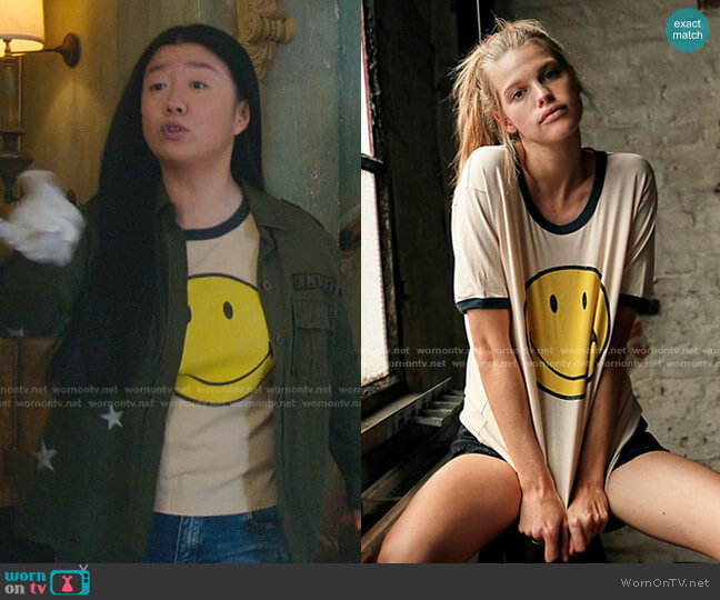 Classic Smiley Ringer Tee in Sand by Daydreamer x Free People worn by Alice Kwan (Sherry Cola) on Good Trouble