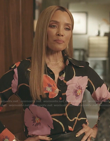 Dominique's black floral blouse on Dynasty