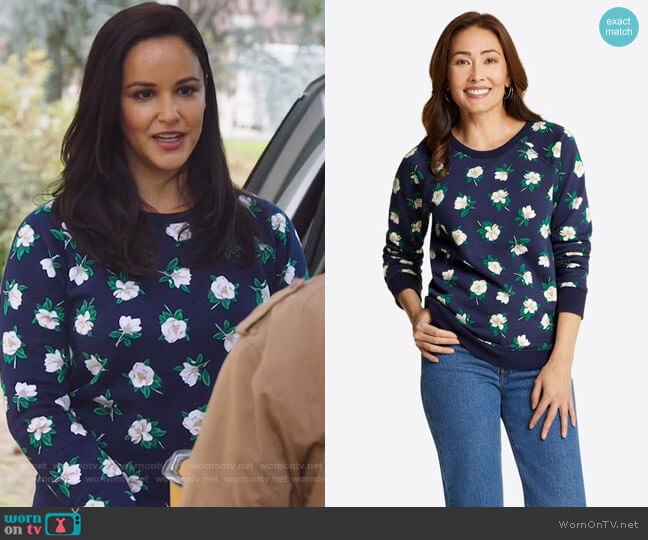 Natalie Sweatshirt in Magnolia by Draper James worn by Amy Santiago (Melissa Fumero) on Brooklyn Nine-Nine