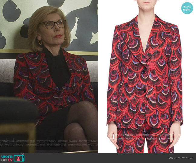 Single-Breasted Two-Button Peacock-Jacquard Blazer by Dries Van Noten worn by Diane Lockhart (Christine Baranski) on The Good Fight