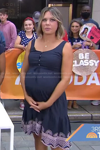 Dylan’s navy embroidered maternity dress on Today