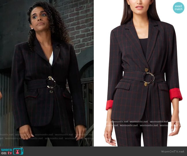 Plaid Belted Blazer by Tahari ASL worn by Jordan Ashford (Briana Nicole Henry) on General Hospital