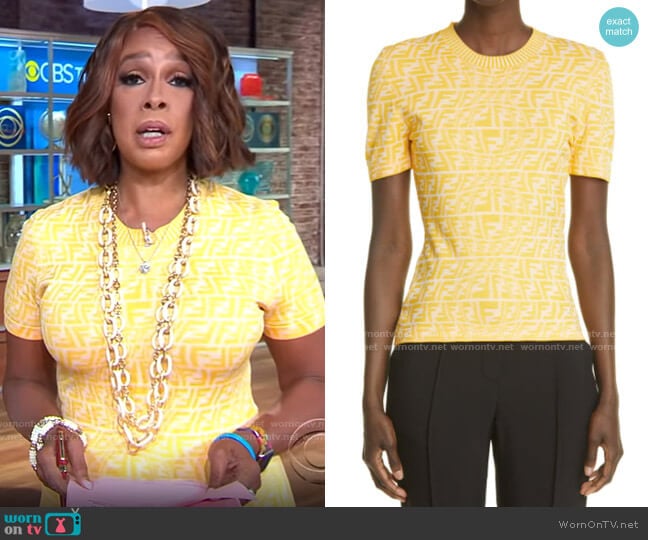 Gayle King’s yellow monogram print top on CBS This Morning