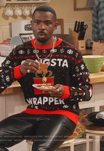 Daniel's black Gangsta Wrapper Christmas Sweater on Family Reunion
