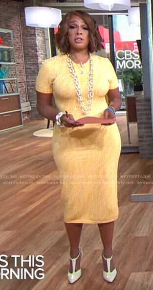 Gayle King’s yellow monogram print dress on CBS Mornings