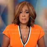Gayle’s orange v-neck dress with black trim on CBS This Morning