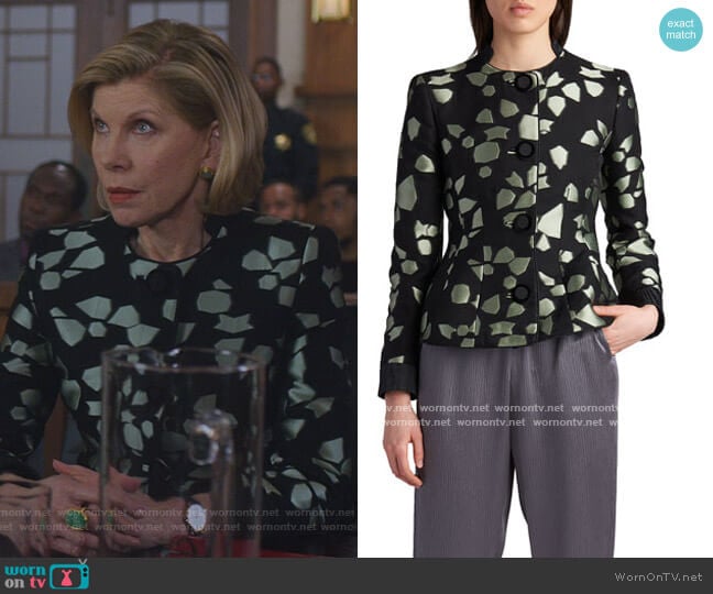 Peplum Silk Jacquard Jacket by Giorgio Armani worn by Diane Lockhart (Christine Baranski) on The Good Fight