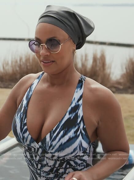 Robyn’s blue zebra stripe swimsuit on The Real Housewives of Potomac