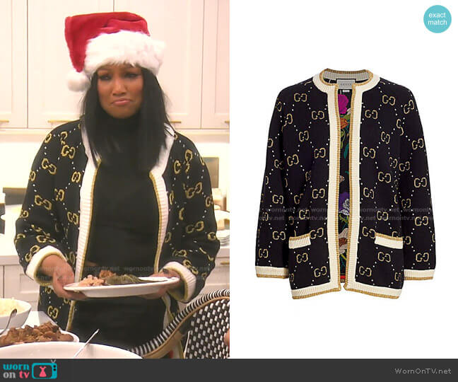 GG Metallic Jacquard Wool Blend Cardigan by Gucci worn by Garcelle Beauvais on The Real Housewives of Beverly Hills